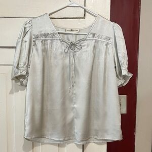 NATURAL LIFE Silver Satin Blouse with Tie-Front